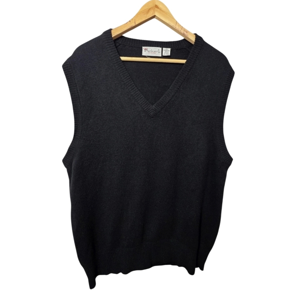 VTG Parker of Vienna Sweater Vest Men's Black Lambswool Pullover V Neck Size XL